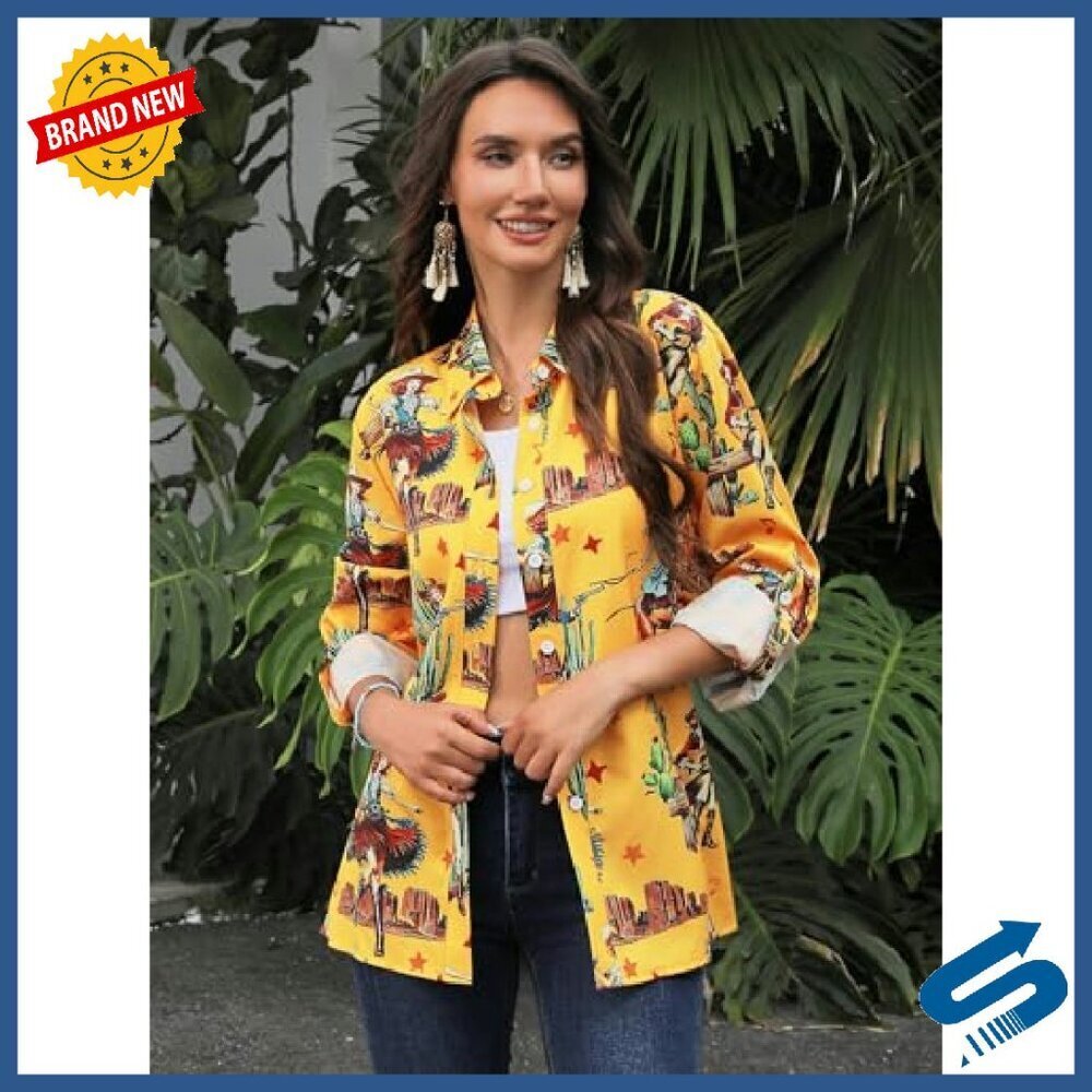 Women's Western Cowgirl Graphic Button Down Shirt 3/4 Sleeve Polyester - Picture 4 of 8